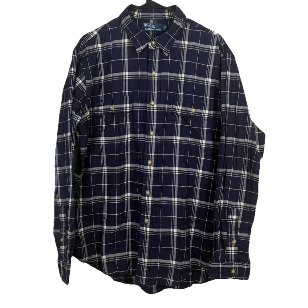 Polo Ralph Lauren Shirt Mens XL Blue Plaid‎ Workshirt Long Sleeve Pockets