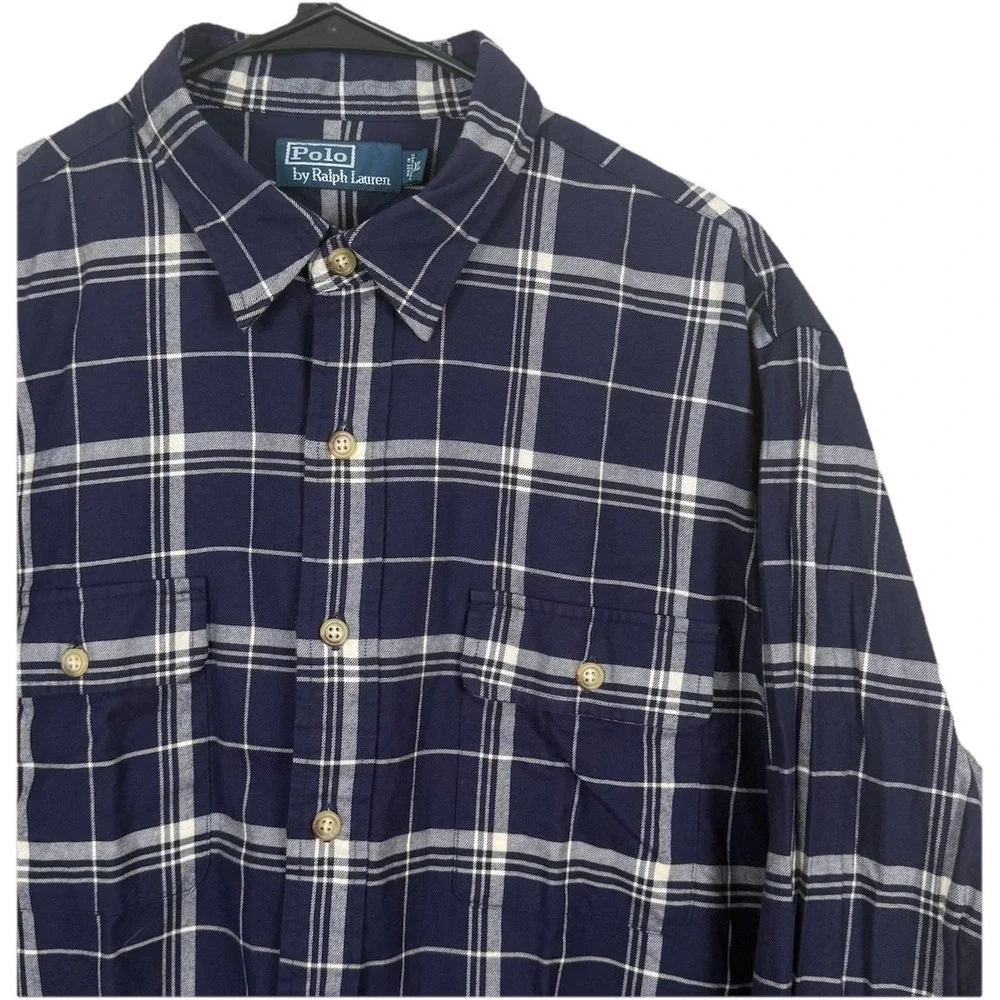 Polo Ralph Lauren Shirt Mens XL Blue Plaid‎ Workshirt Long Sleeve Pockets