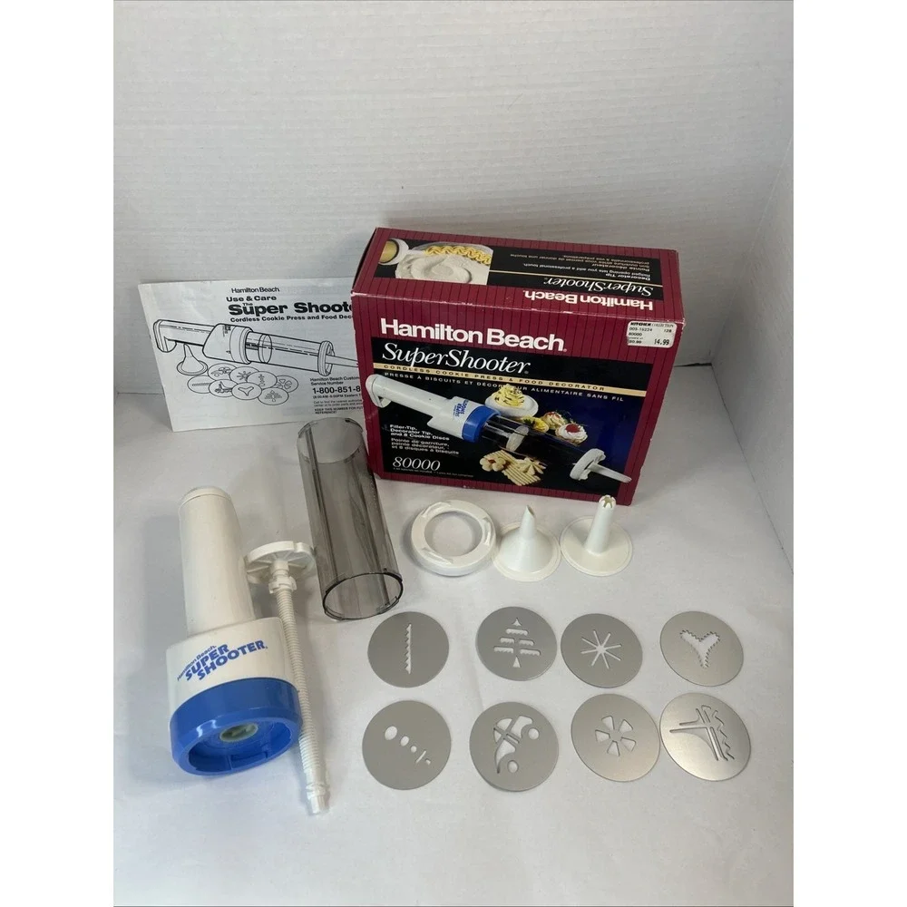 Hamilton Beach Super Shooter Cordless Cookie Press & Food Decorator 8 Disc Read‎