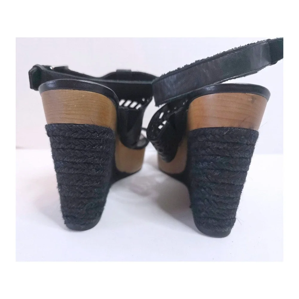 Lauren RL Georgina Black Leather Laser Cut Wood Wedge Platform Sandals 8B