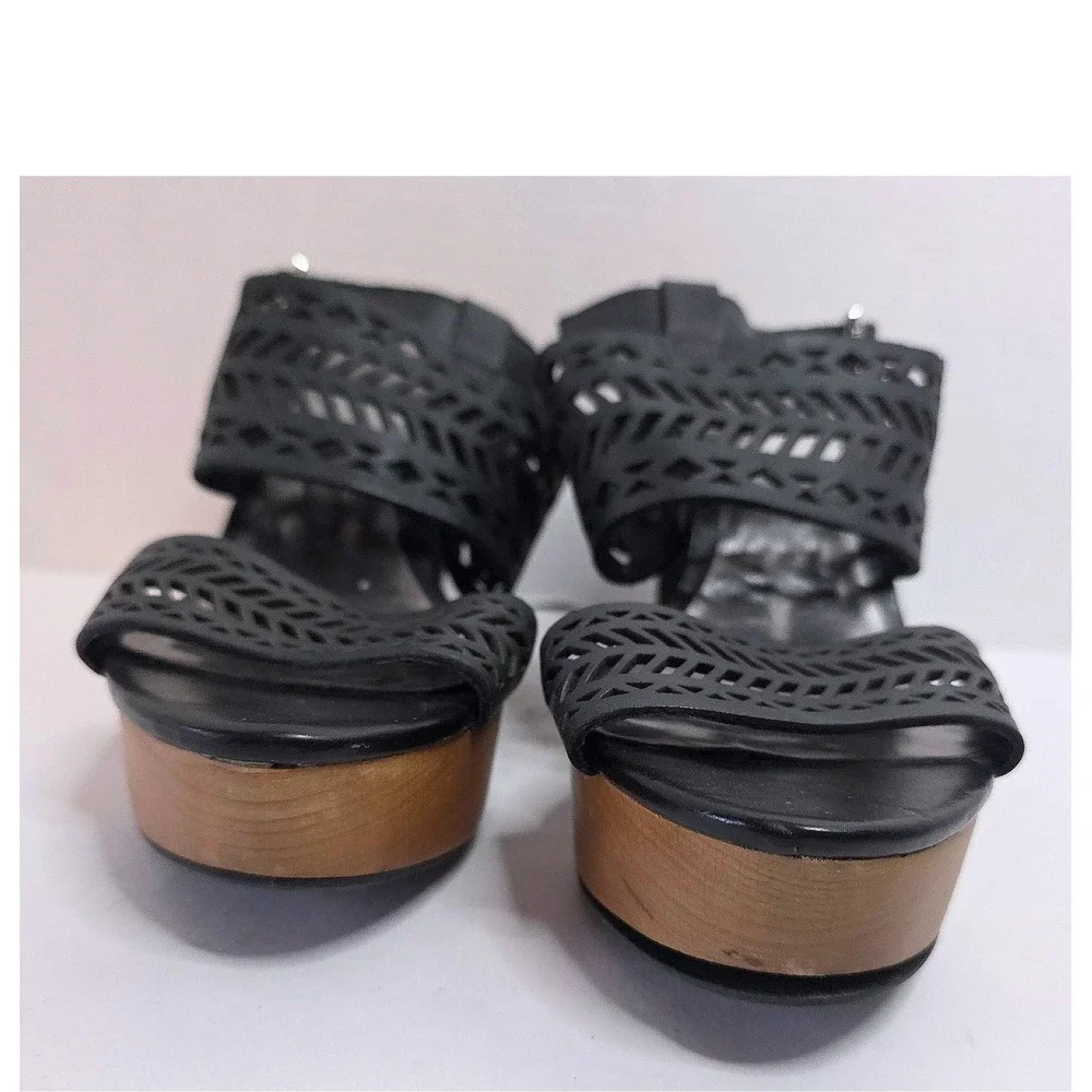 Lauren RL Georgina Black Leather Laser Cut Wood Wedge Platform Sandals 8B