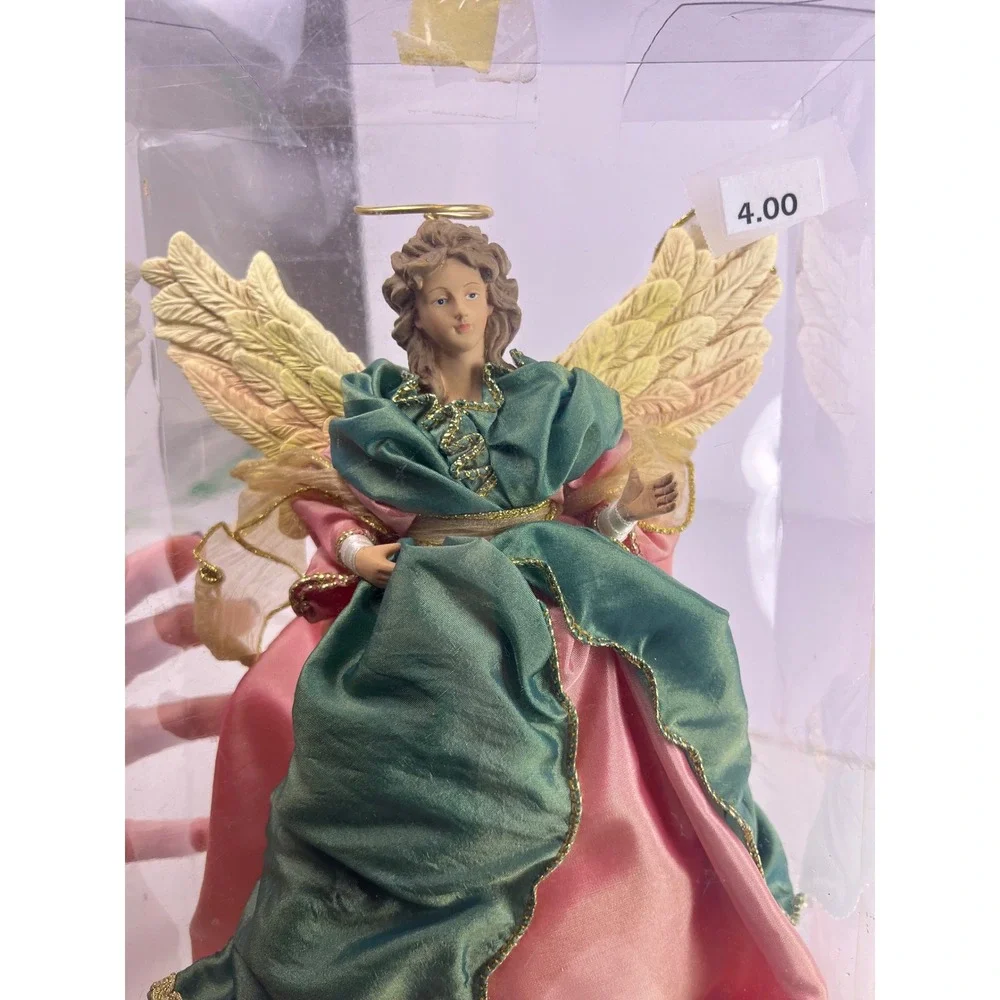 Vintage Angel Tree Topper Figurine Gold Wings Teal Pink Dress Christmas Decor‎