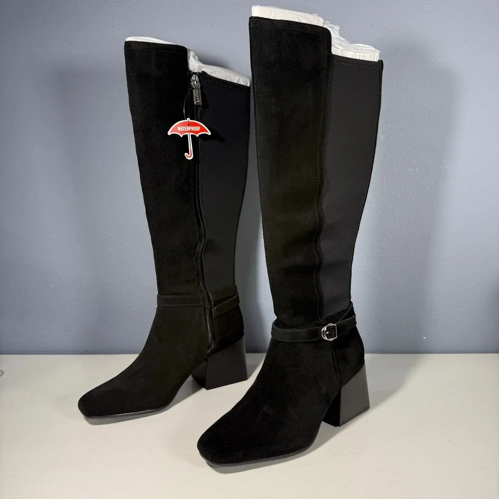 Blondo Twyla Black Suede Waterproof Tall Boots Block Heel‎ Womens 8M New