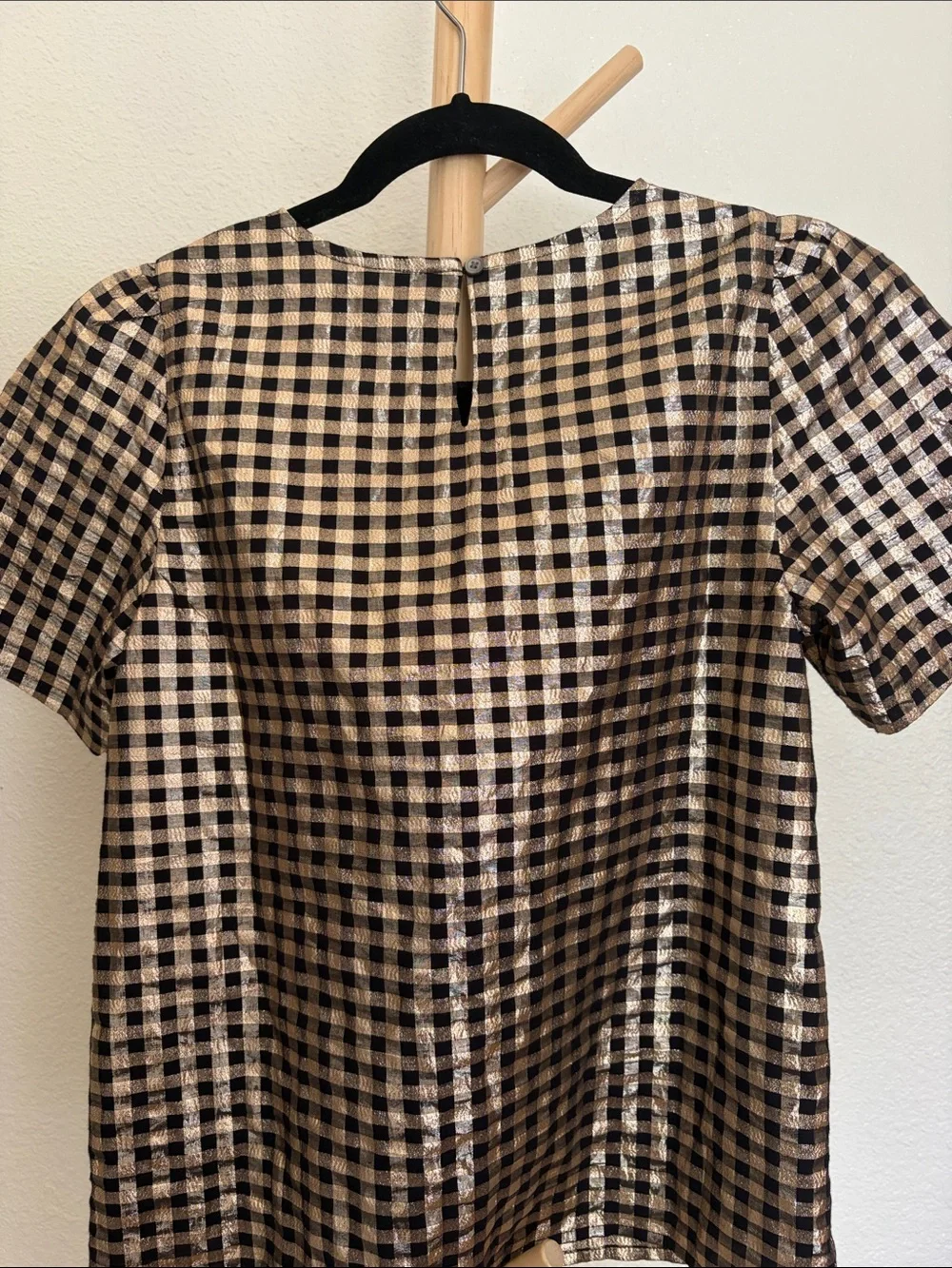 J. Crew Black and Gold Gingham Puff-Sleeve Top