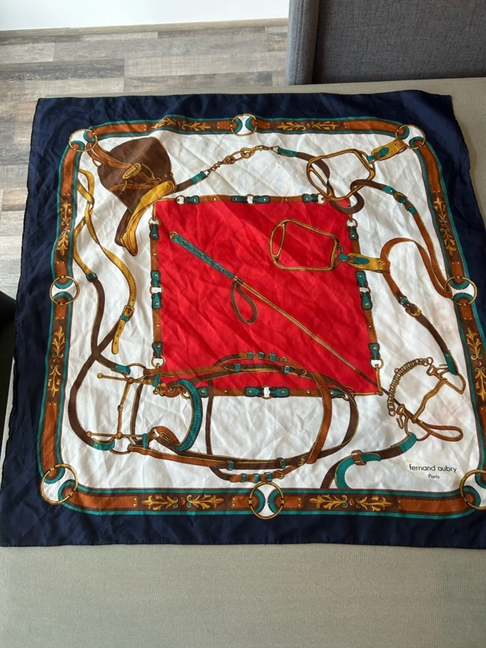 Vintage Fernand Aubry Equestrian Silk Scarf has stains wear old school money
