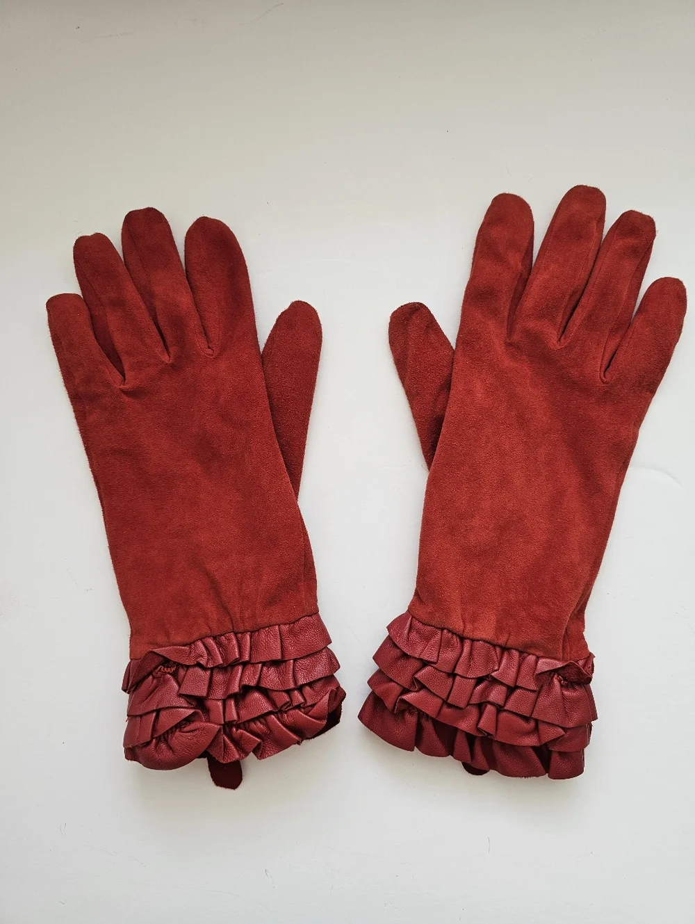 Renees NYC Crimson Red Suede Gloves Leather Ruffle Cuff Size L