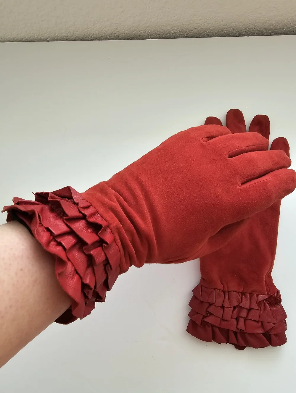 Renees NYC Crimson Red Suede Gloves Leather Ruffle Cuff Size L