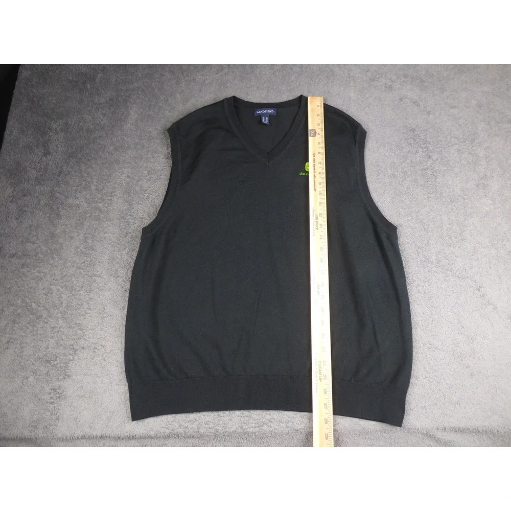 John Deere Mens XL Black V-Neck Sweater Vest Acrylic Nylon Knit Pullov Lands End