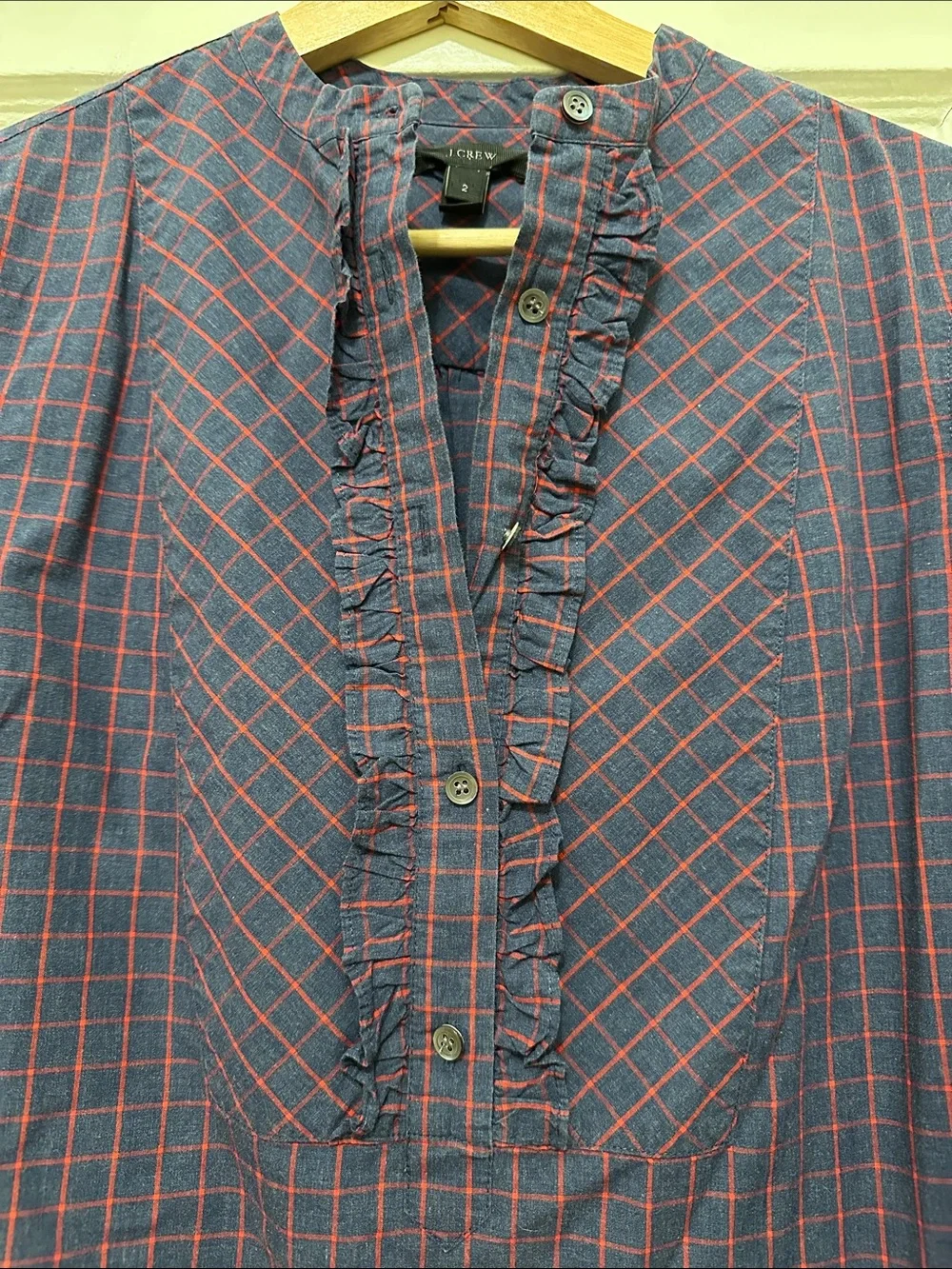 J. Crew Navy and Red Checked Ruffle-Trim Long-Sleeve Shirt