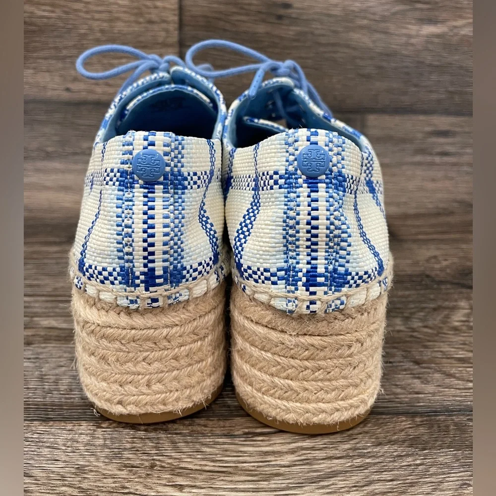 Tory Burch Women's Florence Blue Check Platform Espadrille Shoes Sz 8‎