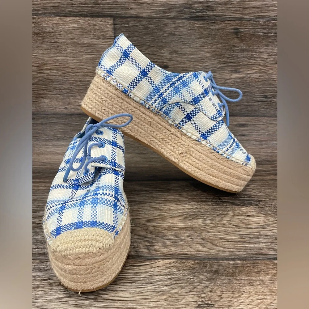 Tory Burch Women's Florence Blue Check Platform Espadrille Shoes Sz 8‎