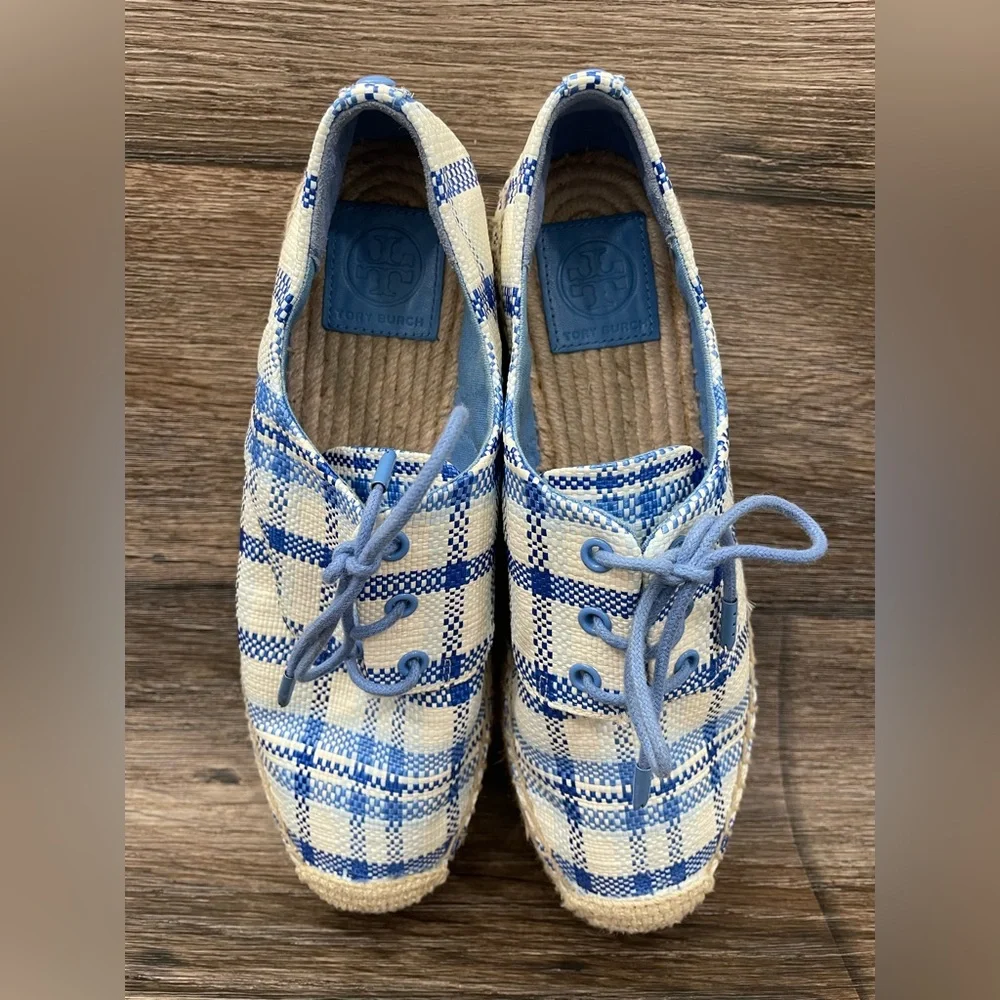 Tory Burch Women's Florence Blue Check Platform Espadrille Shoes Sz 8‎