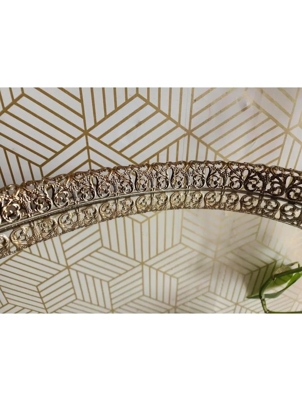 Large Hollywood Regency Style Brass Filigree & Glass Mirror Oval Vanity Tray