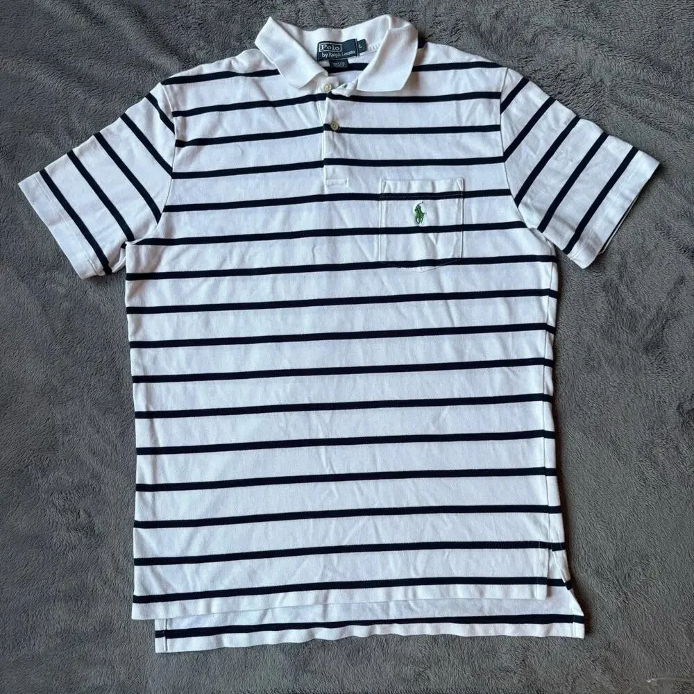 Polo Ralph Lauren Mens White w/Black Stripe Short Sleeve Pocket Size L Preppy