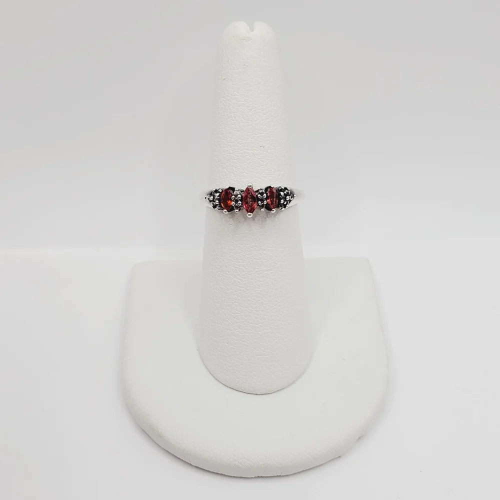 Genuine Red Marquise Ruby 925 Sterling Silver Three Stone Ring