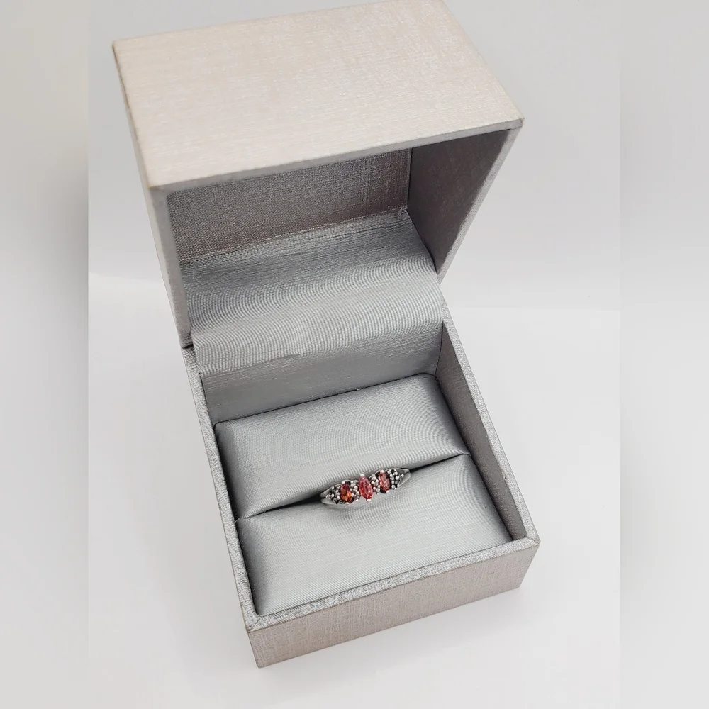 Genuine Red Marquise Ruby 925 Sterling Silver Three Stone Ring