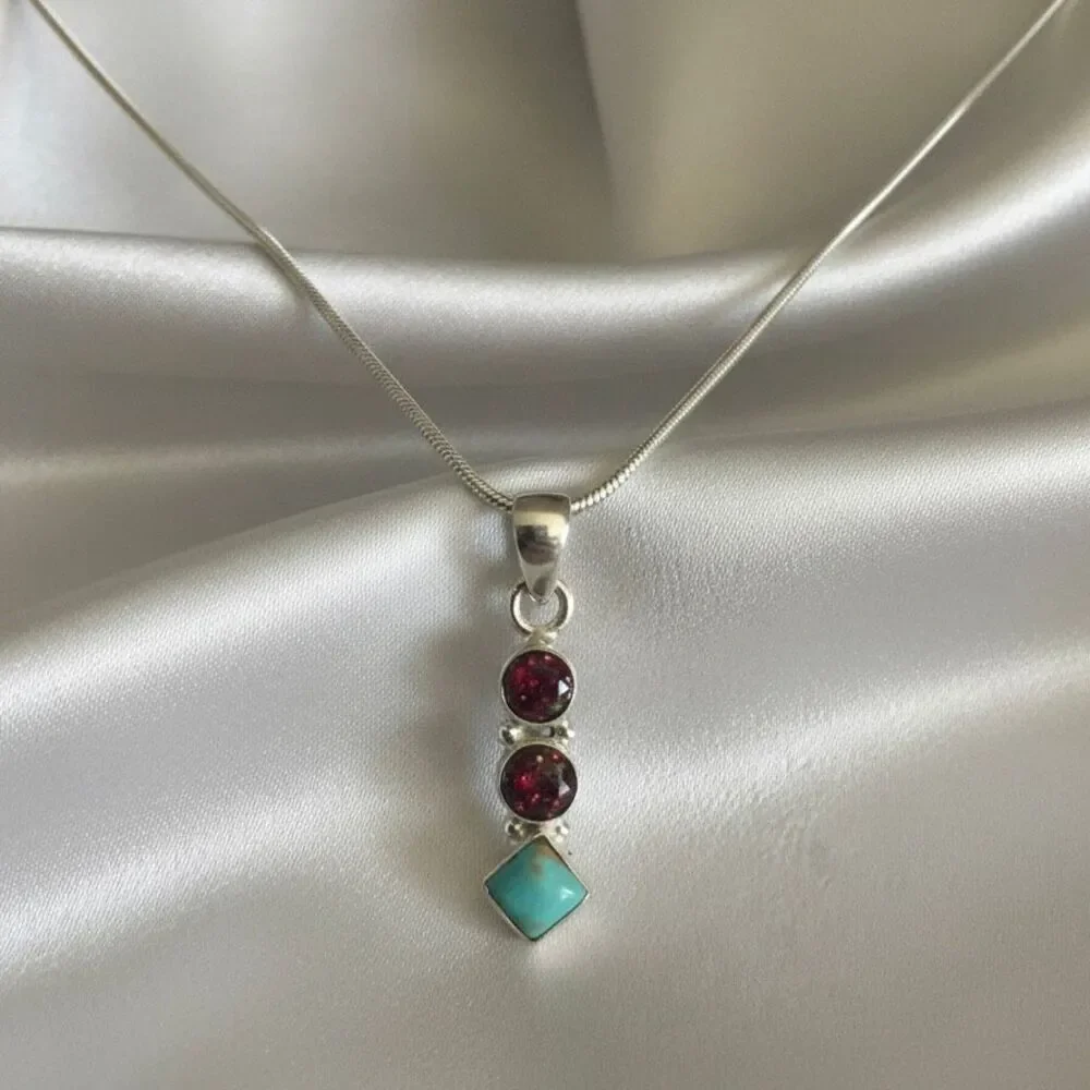 Southwestern Turquoise & Fire Opal Pendant Necklace Sterling Silver 18