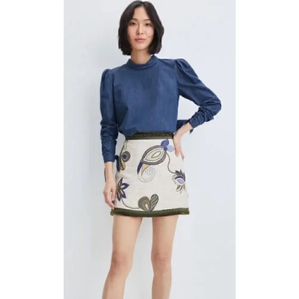 VERONICA BEARD Inga Embroidered Raw Silk Mini Skirt NWT Size 12