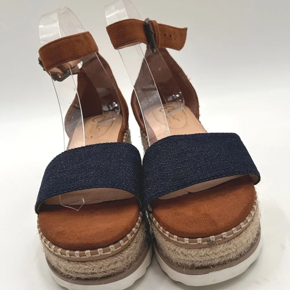 Comfort Denim Platform Espadrille Platform Sandals Size 7 Ankle Strap Coastal