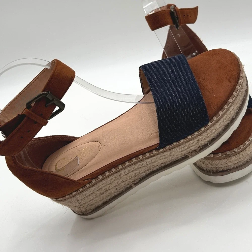 Comfort Denim Platform Espadrille Platform Sandals Size 7 Ankle Strap Coastal