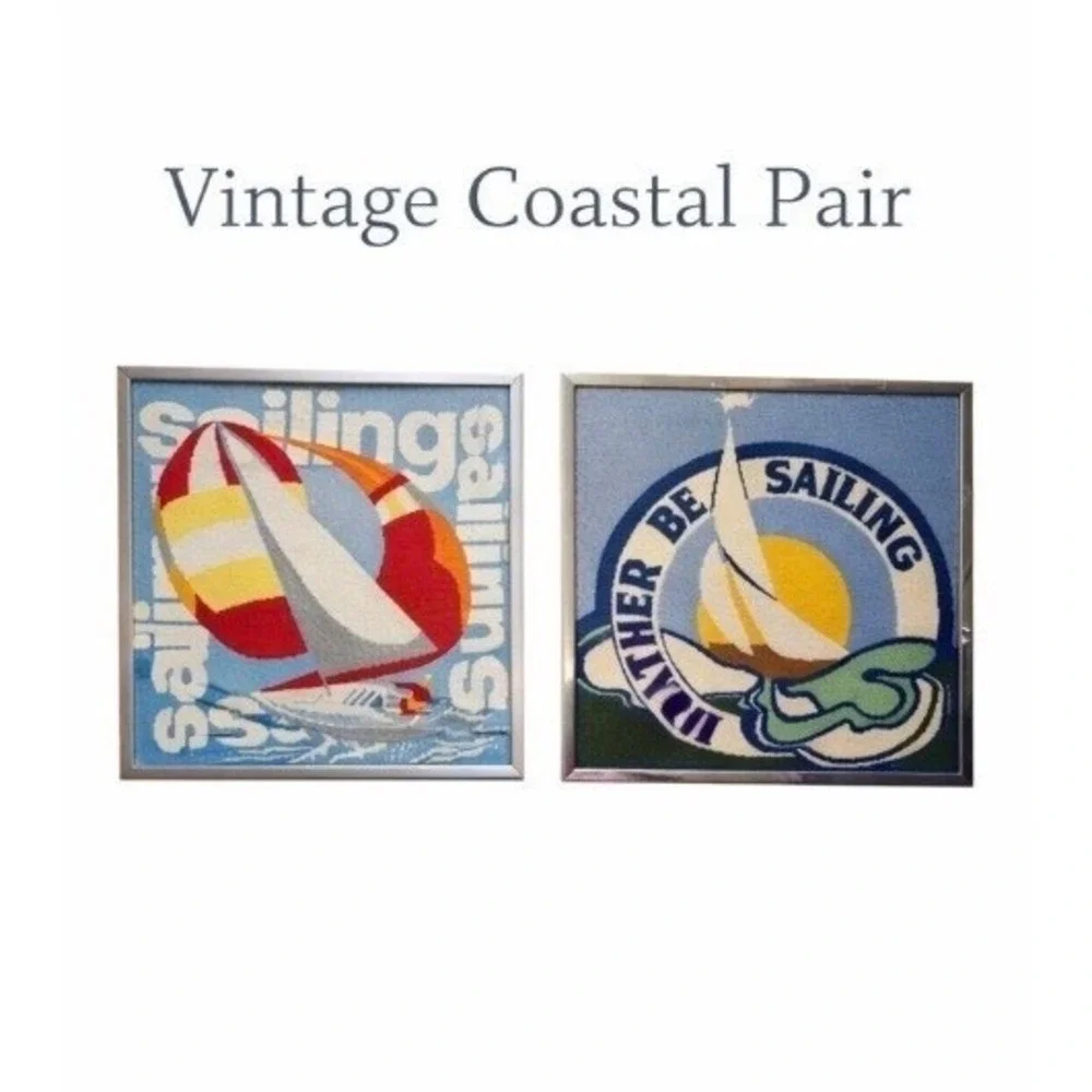 Vintage Art Coastal Sailing Needlepoint Framed Art Pair Nautical Beach Decor 2pc