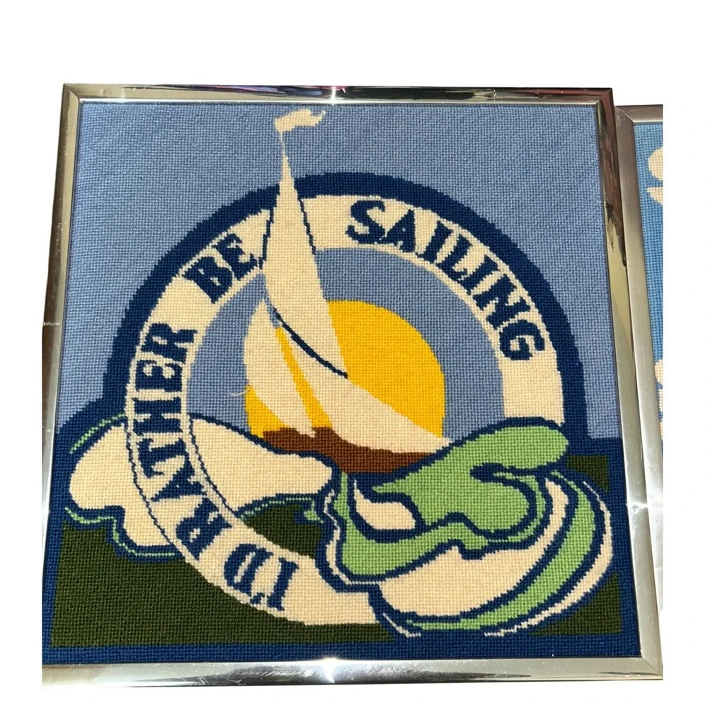 Vintage Art Coastal Sailing Needlepoint Framed Art Pair Nautical Beach Decor 2pc