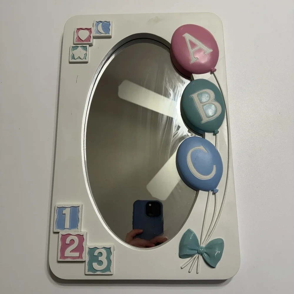 Homco Mirror Baby Nursery Decor ABC White‎ Blue Pink Bow Balloons Pastel Cottage