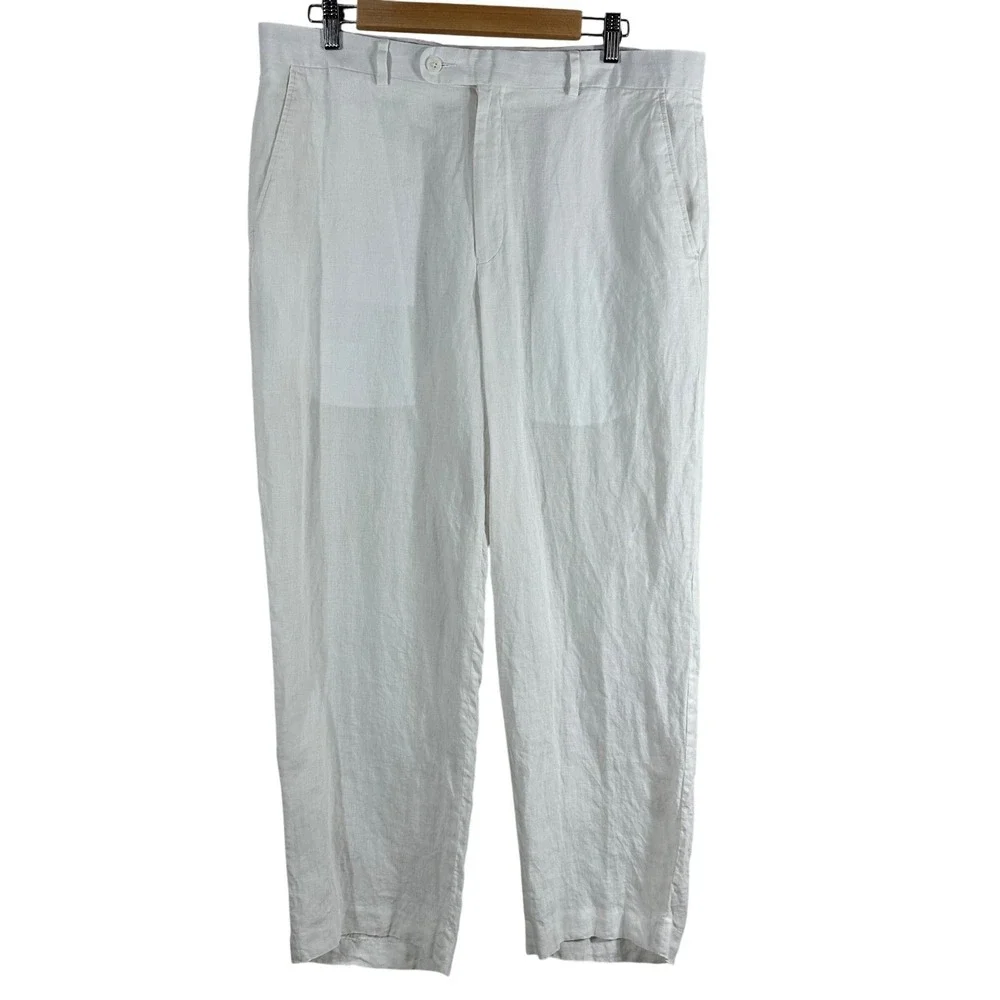 Savile Row Co London Mens White Linen Trousers Straight Leg Pants‎ 35x26