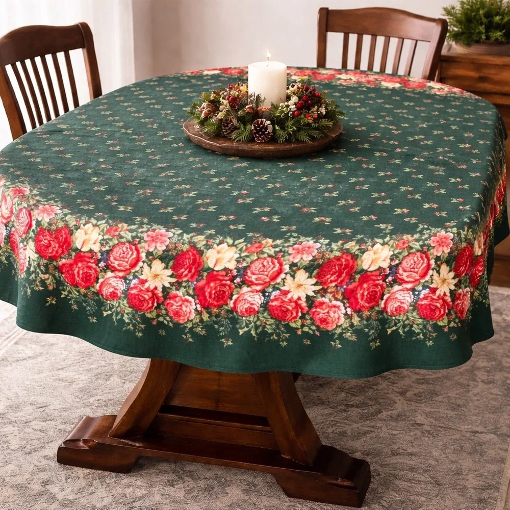 Vintage Christmas Oval Tablecloth Green Red‎ Roses Holly Floral 69x51.5 Holiday