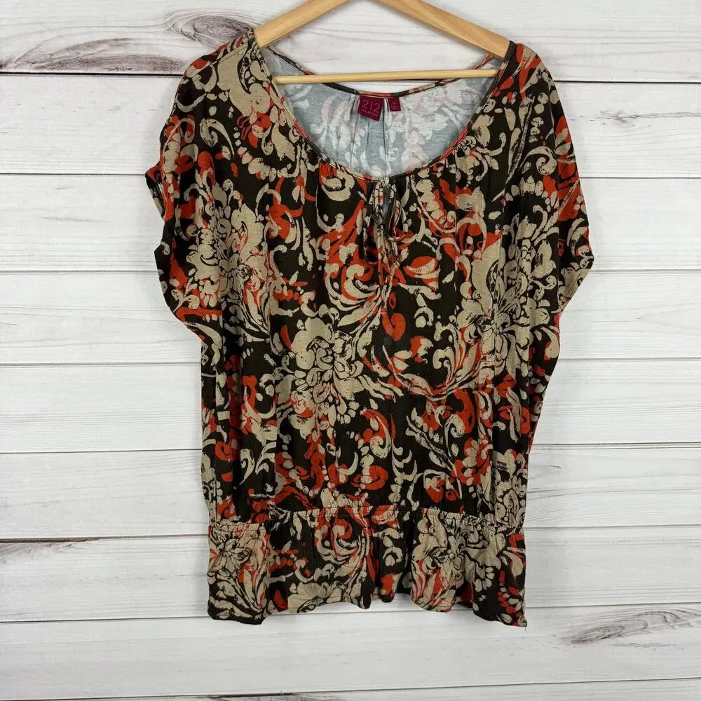 Women's 212 Brown Orange Floral Design All Over Print Blouse Size‎ XL