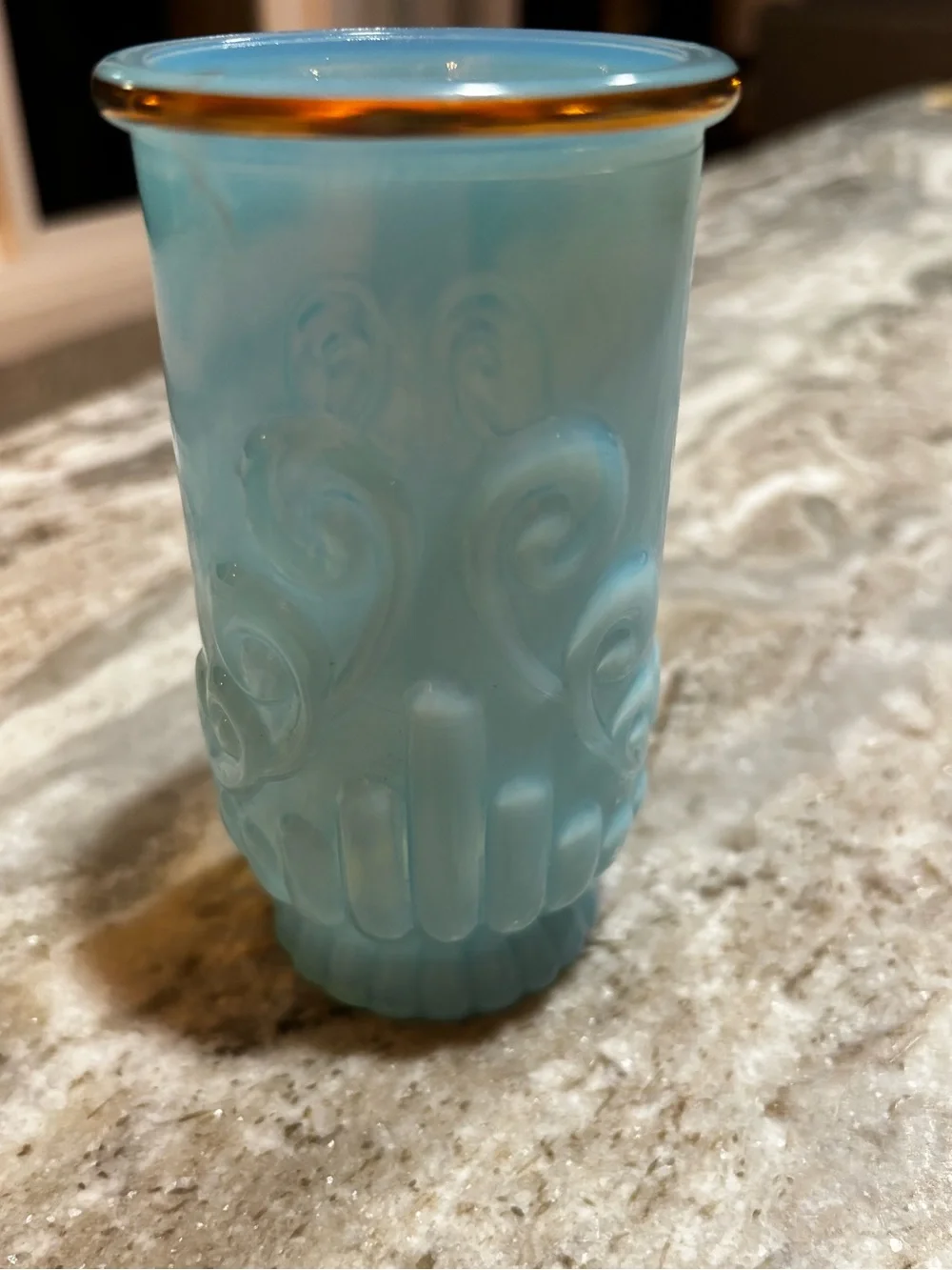 Vintage Avon Blue Satin Glass Tumbler w/ Gold Rim – Embossed Scroll