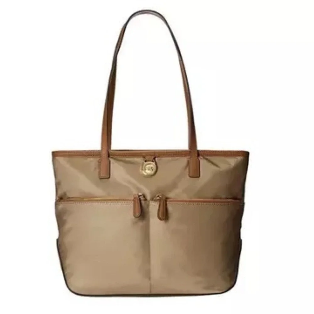 Michael Kors Dusk Kempton Medium Tote Bag Khaki Nylon Leather Trim Gold‎ Logo