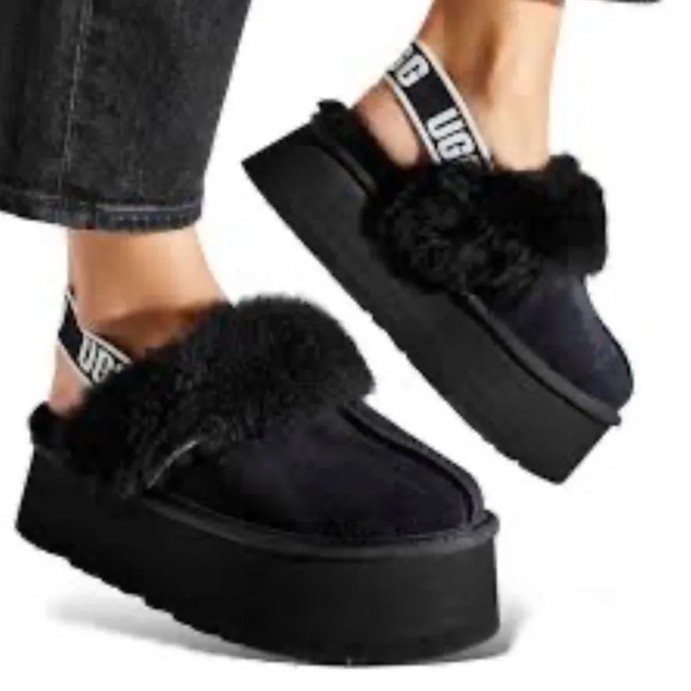 UGG Women's Funkette black fluffy slippers with thick platform sole 8