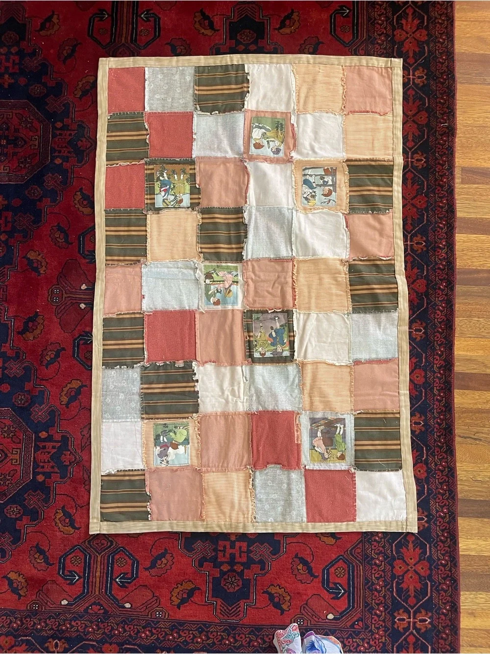 Vintage Handmade Patchwork Rag Crib Quilt Americana Twin Photo Memory Folk Art
