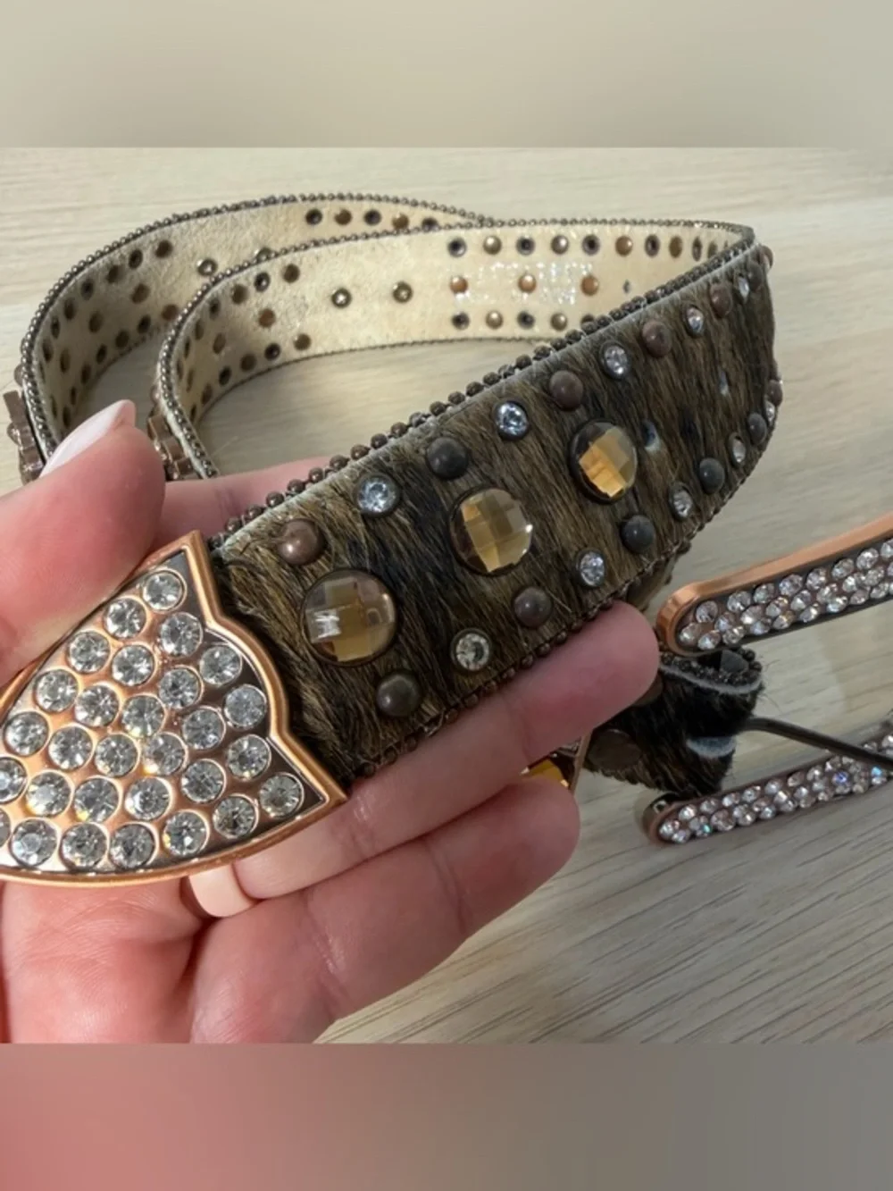 Nocona Size L Western Rodeo Rhinestone Jewel Embellished Calf Hair Leather‎ Belt