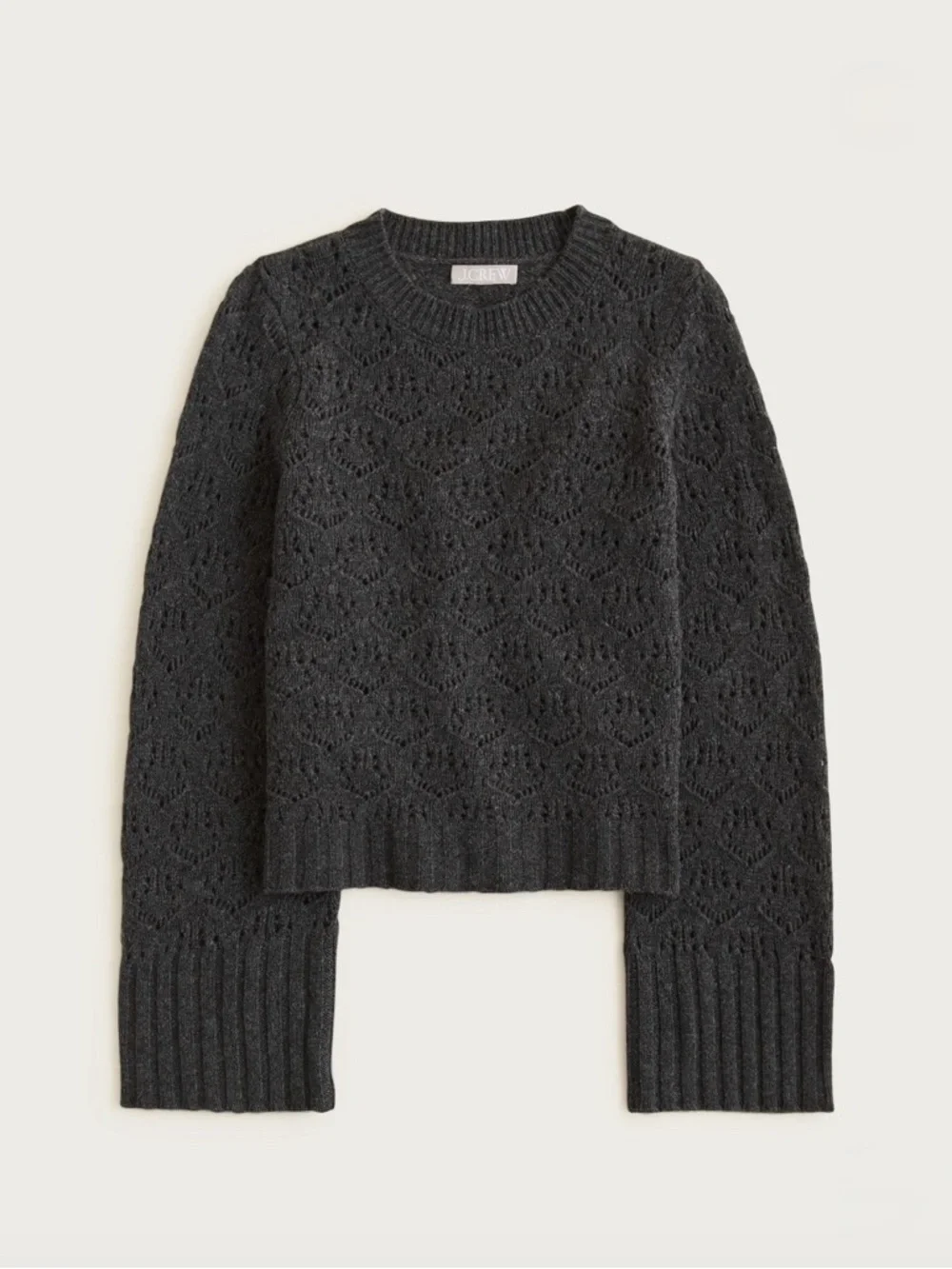 J. Crew Charcoal Wide Sleeve Pointelle Merino Wool Crewneck Sweater, Medium