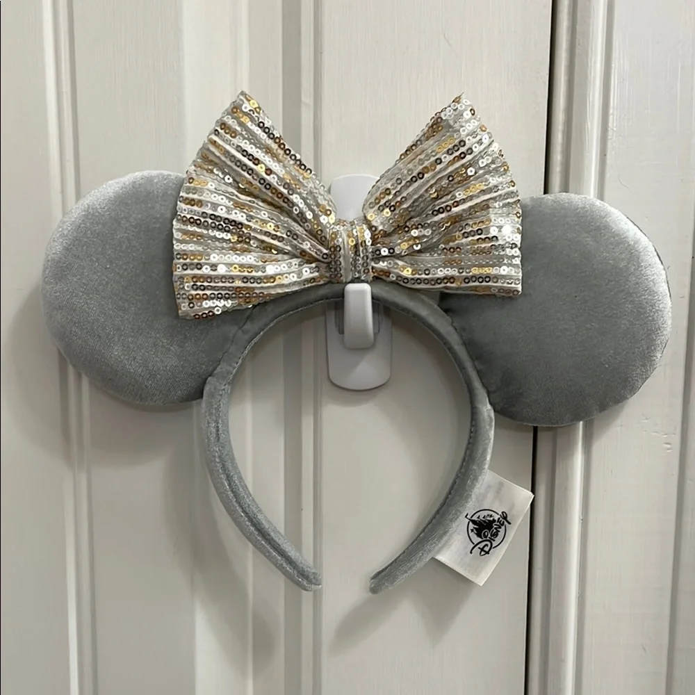 DISNEY Silver Mouse Ears Headband with Gold Sequin Bow