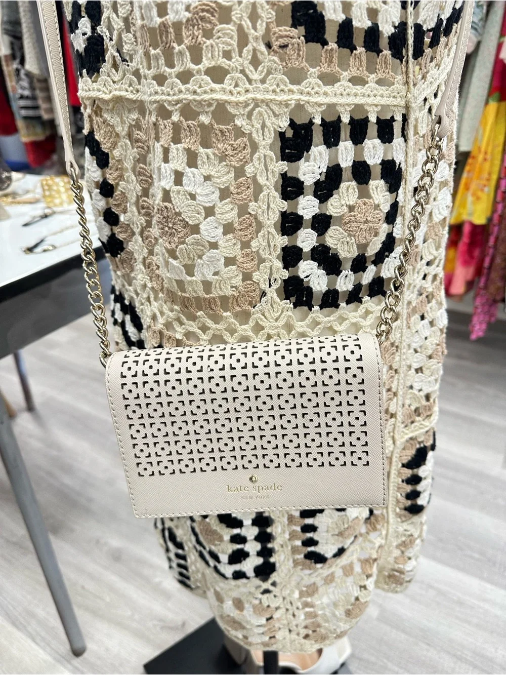 kate spade Ivory Perforated Leather Crossbody with Gold Chain