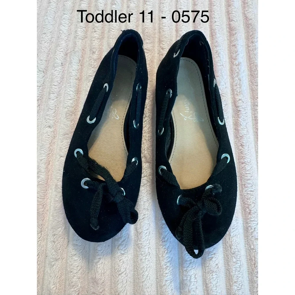 Toddler Girls Black Faux Suede Ballet Flats Lace Up Bow Slip On Shoes Size 11