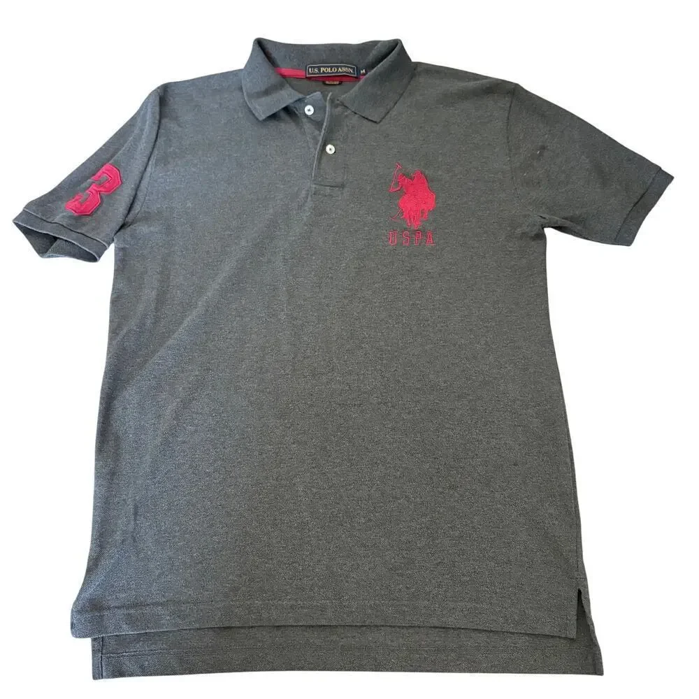 US Polo Assn Gray Polo ShirtMens Medium Red Logo Number 3 Patch Y2K preppy