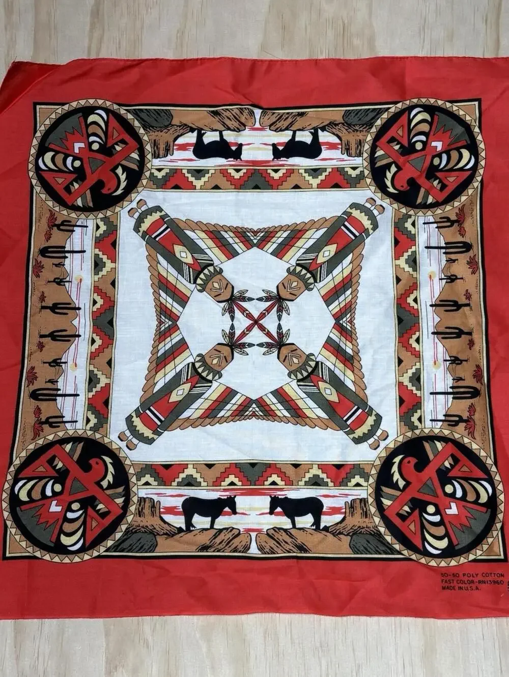 Vtg Antique SOUTHWESTERN SOUTHWEST AZTEC TOTEM POLE Horse Cotton Biker BANDANA