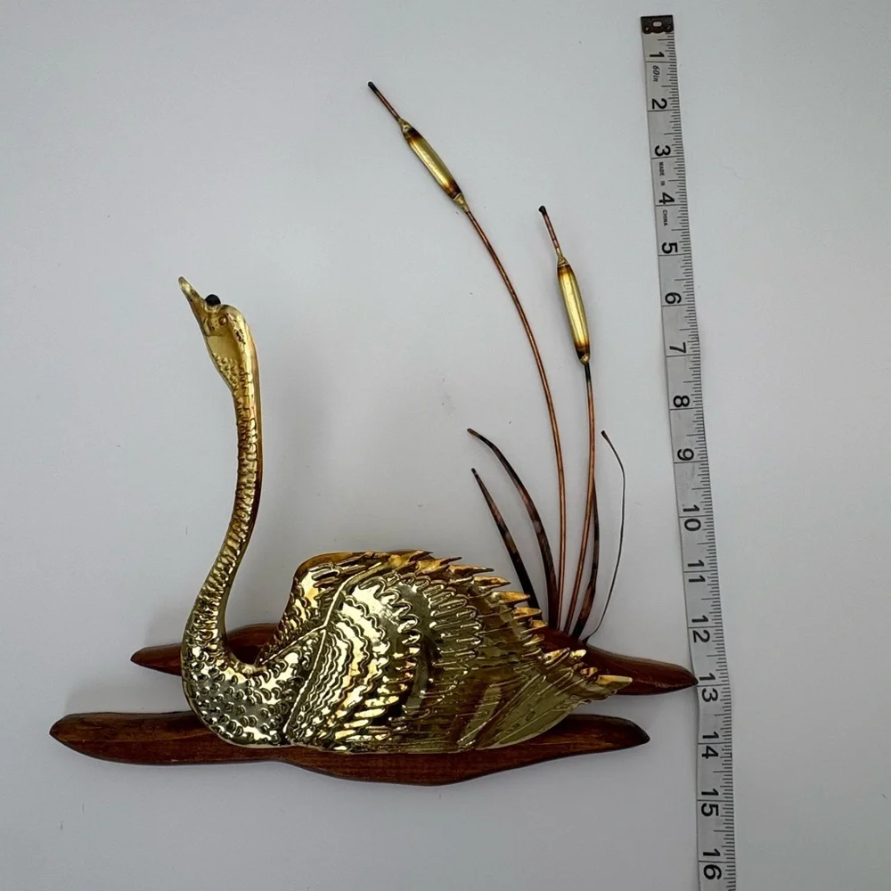 Mid-century Modern Brass and Copper Swan and Cattails Wall Art