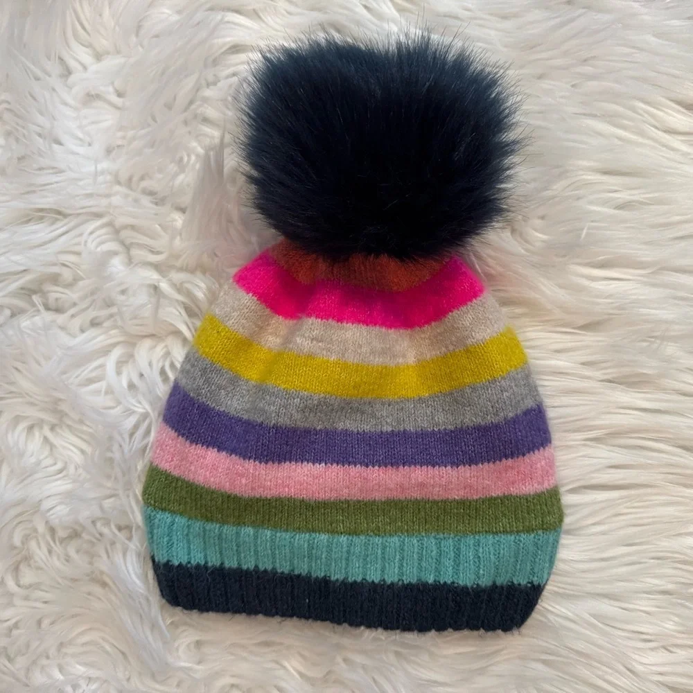 Gap Kids Rainbow Stripe Pom Pom Beanie Girls One Size Winter Knit Hat
