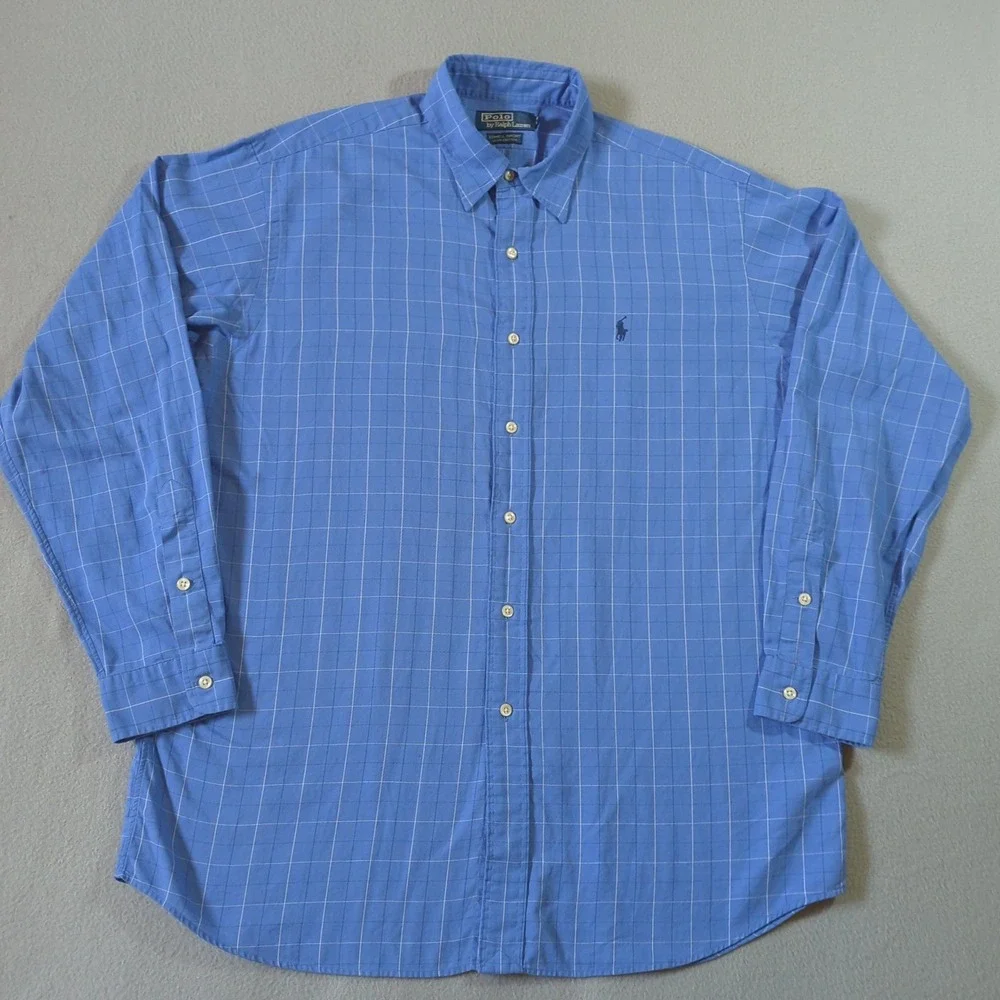 Polo Ralph Lauren Lowell Sport Shirt Mens Large Blue‎ Windowpane Check Cotton