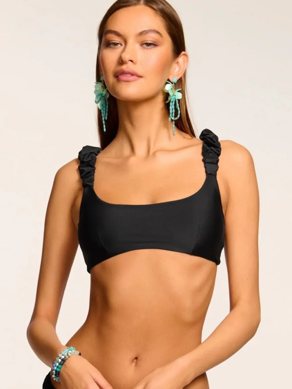 Ramy Brook Rachel Bikini Top NWT Black Ruched Ruffle Strap Swim Top Size S