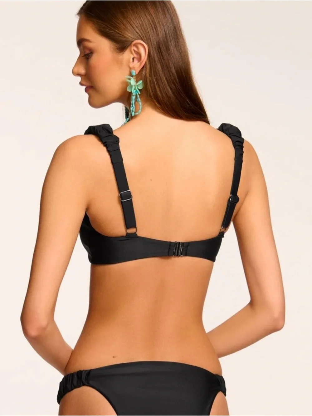 Ramy Brook Rachel Bikini Top NWT Black Ruched Ruffle Strap Swim Top Size S