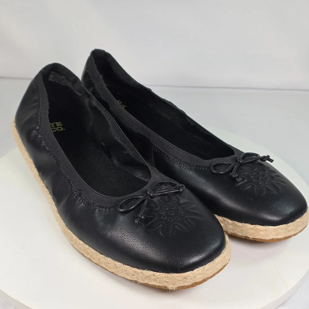 Frye and Co Willow‎ Black Espadrille Ballet Flats Floral Embossed Bow 9.5M