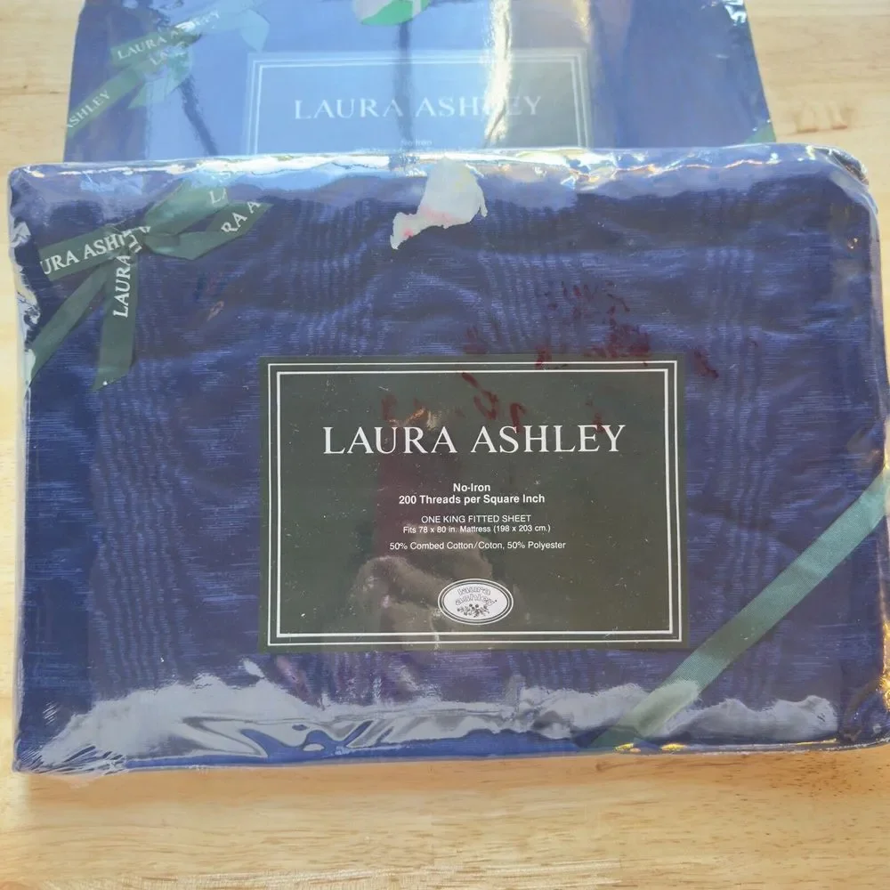 Laura Ashley Salon Navy Vintage Cotton‎ No-Iron 1991 KING Sheets Flat Fitted NEW