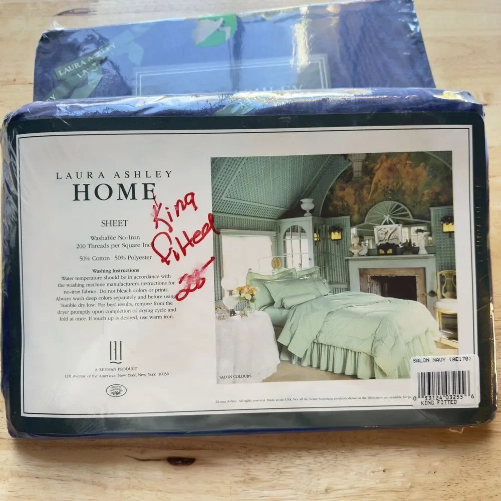Laura Ashley Salon Navy Vintage Cotton‎ No-Iron 1991 KING Sheets Flat Fitted NEW