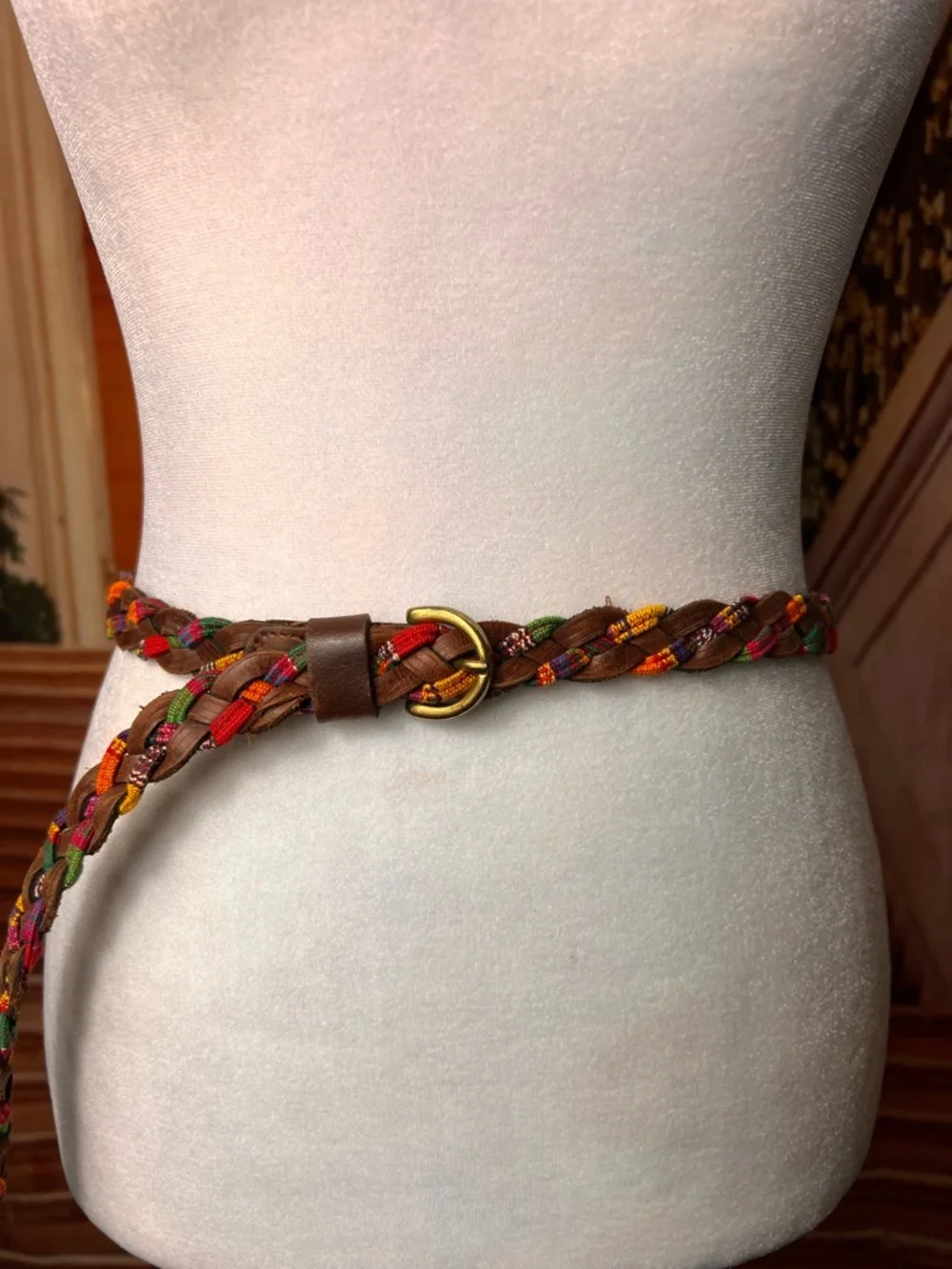 Braided Brown Multicolor Leather Belt with Gold Buckle, S/M